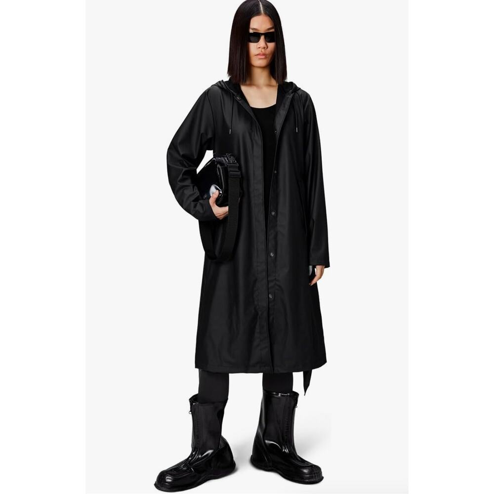 RAINS A-Line Longer Jacket Lightweight Raincoat Women trench waterproof black L - Picture 3 of 7